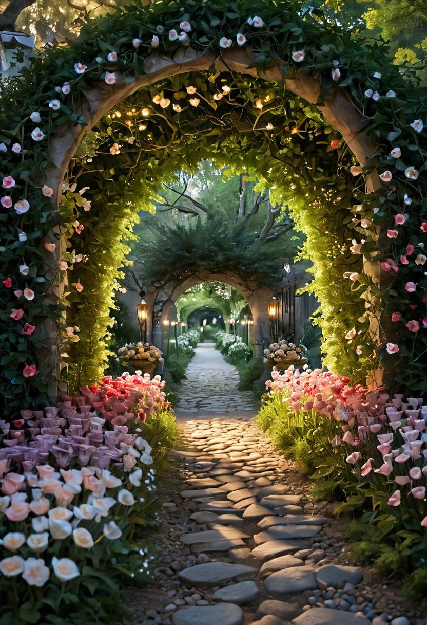 A serene pathway lined with blooming romantic flowers, leading towards a glowing heart-shaped arch. A couple can be seen walking hand-in-hand, symbolizing the journey from attraction to deep devotion. Soft lighting creates a warm, inviting atmosphere, with subtle hints of love symbols like hearts and doves in the background. The scene evokes a sense of connection and emotional depth. vibrant colors. super-realistic.